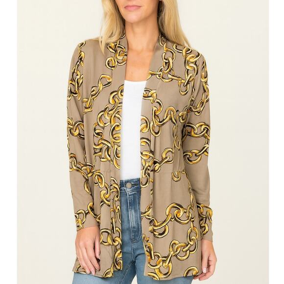 2/$30 Susan Graver Liquid Knit Cardigan Sweater Beige Tan Chain Print Size S - Picture 1 of 11